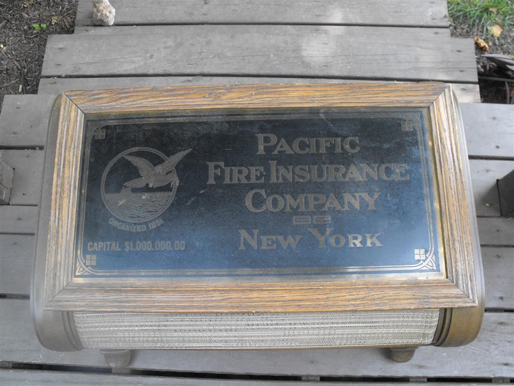 Pacific Fire Insurance Company etched metal Sign w