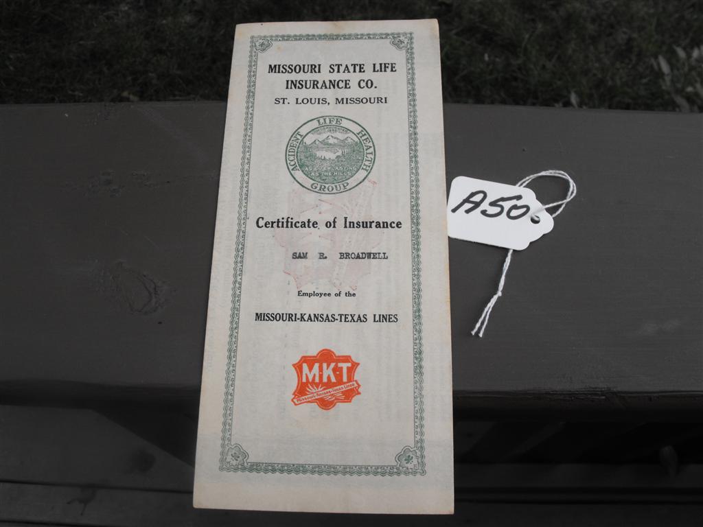 Missouri State Life Insurance Company Certificate