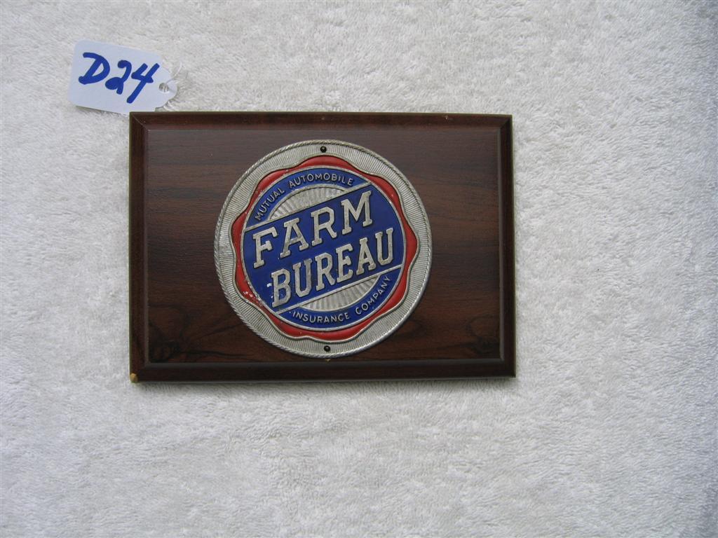 Farm Bureau Auto Tag. Mounted on wood plaque. Si