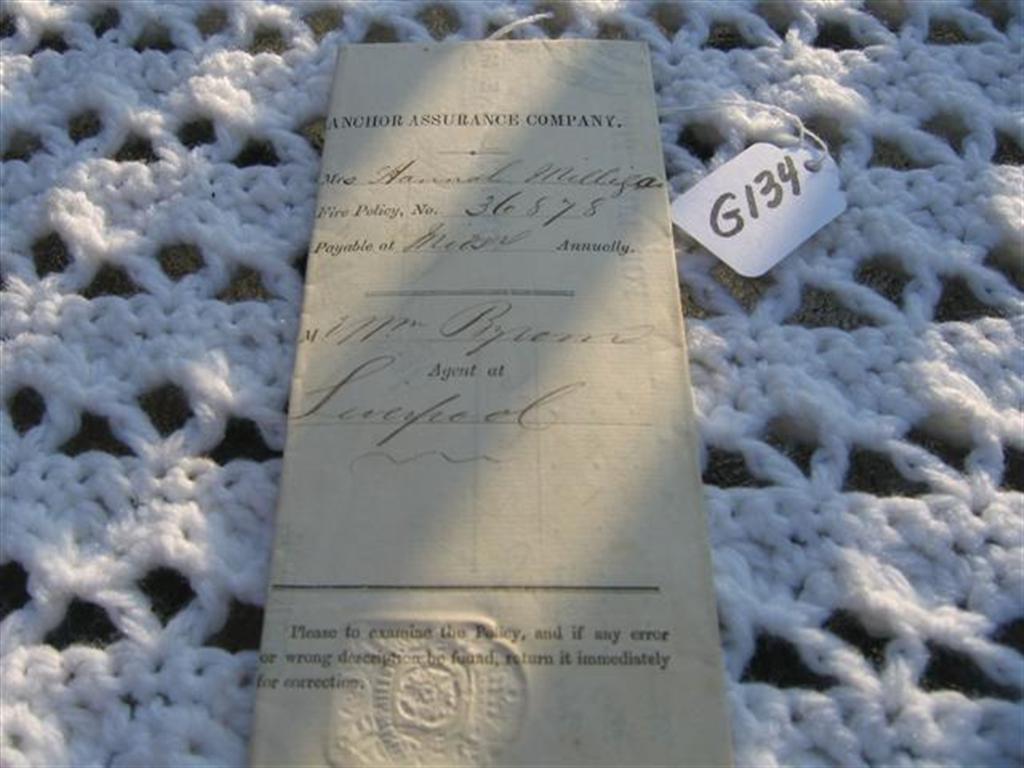 Anchor Insurance Company. Fire Policy. London, E