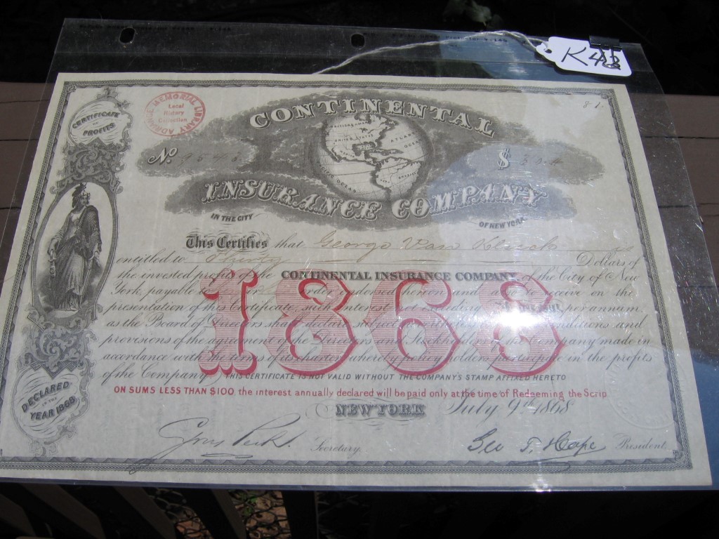 Continental Insurance CompanyStock Certificate. T
