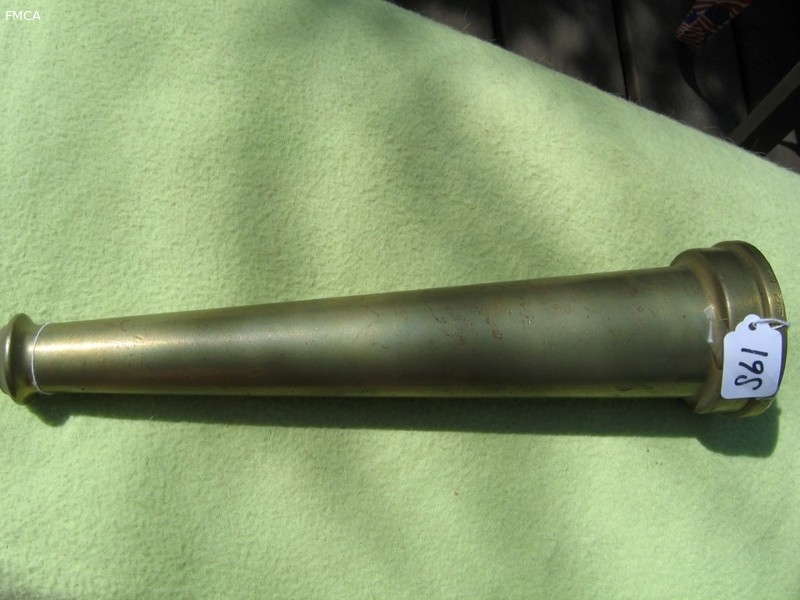 Brass Fire Nozzle. 15 inches long. Indented on b