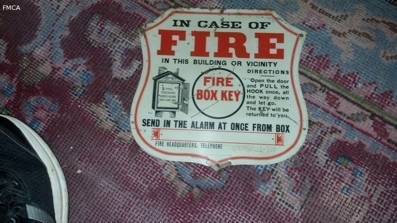 Fire Box Sign- Painted tin, shield shaped sign mou