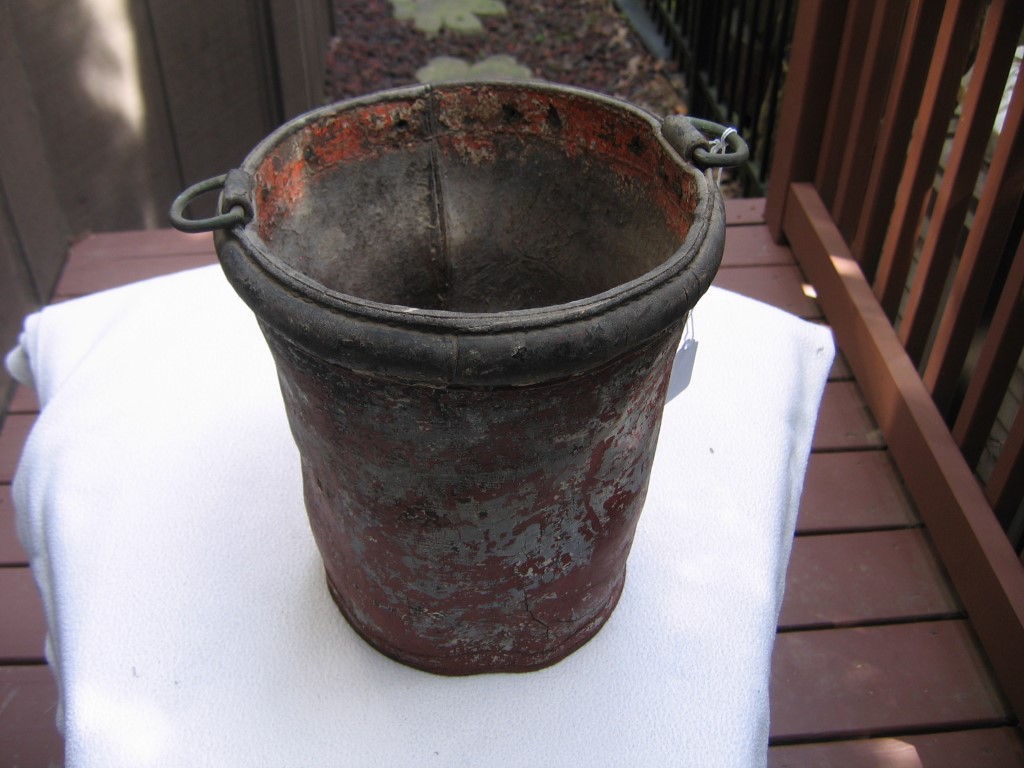 Old Fire Bucket. No Handle. Dark Red, Grey and B