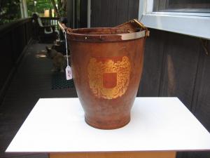 #236 Leather Fire Bucket. with front stencil on front of bucket.
