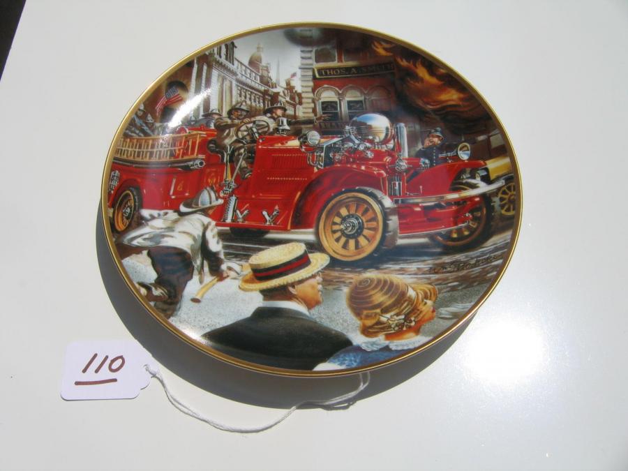#110 Fireman’s Plate in bright red colors of a 1922 Ahrens-Fox