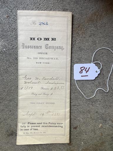 #084 Home Insurance Policy. Effective 1891 for Indiana Property.