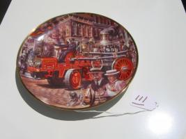 #111 Fireman’s Plate in bright red Colors of a Christie-Drawn Amoskeag Pumper.